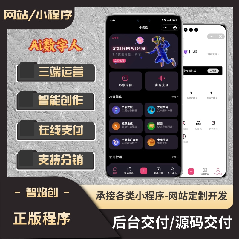 Ai数字人小程序/123口播数字人/三端运营/口型同步/OEM贴牌/对接DeepSeek满血版_智焰创AI
