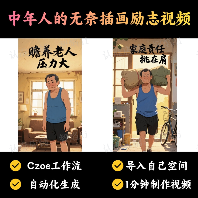 【情感语录赛道】中年人的无奈插画励志视频丨扣子工作流智能体搭建coze工作流_智焰创AI